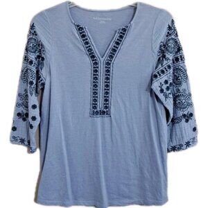 Soft Surroundings Womens Size M Blue Cotton Embroidered V Neck Boho Tunic Top